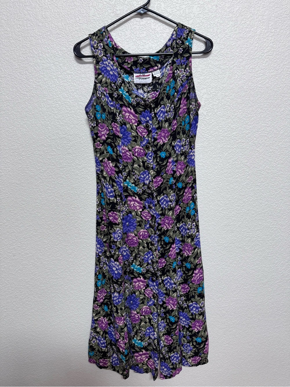 Vintage Button Front Floral Midi Dress Women’s 6 Tie Back Black Multi